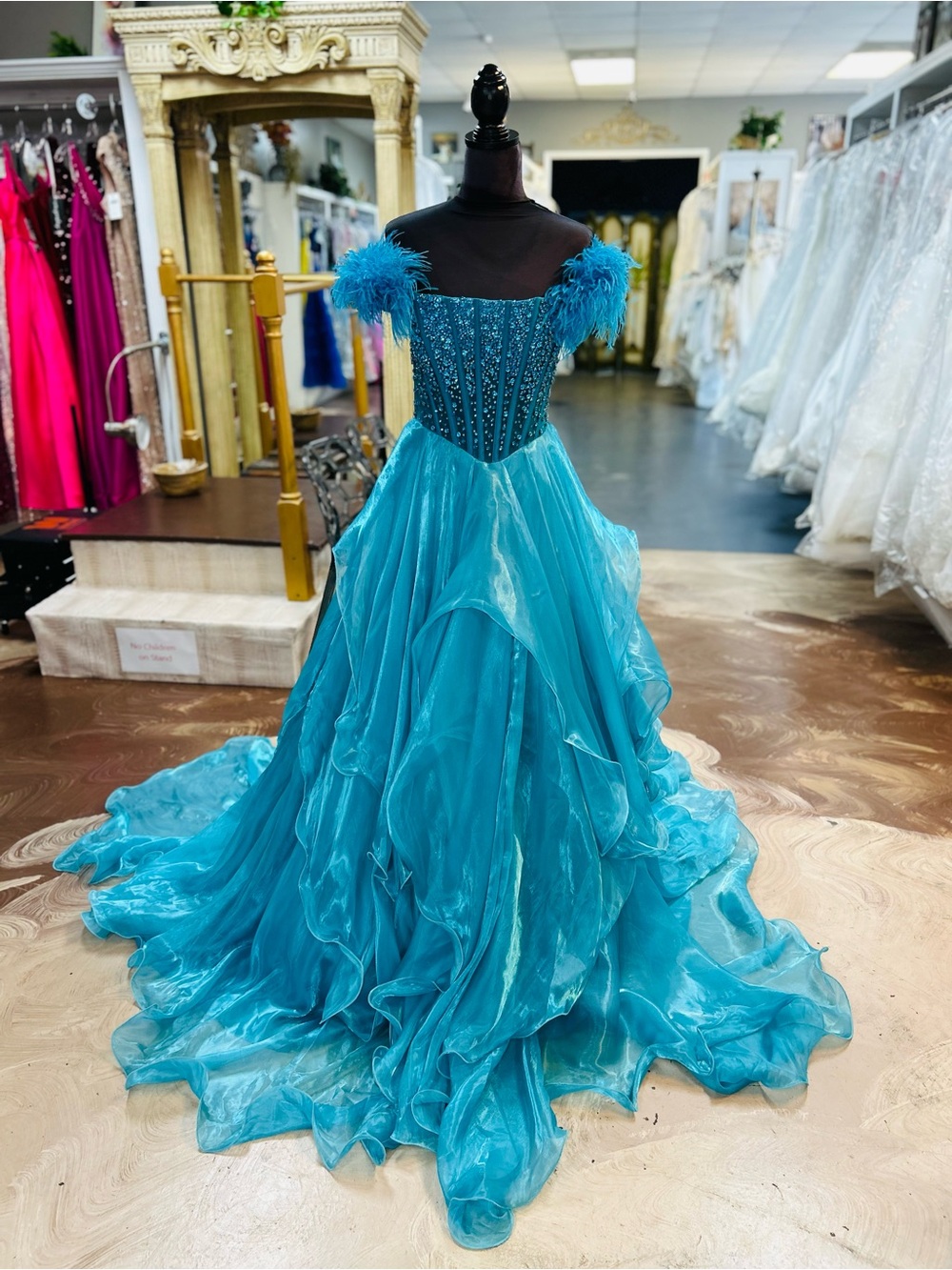 Ava Presley Elegant Teal Off-Shoulder Prom Gown with Feather Detail
